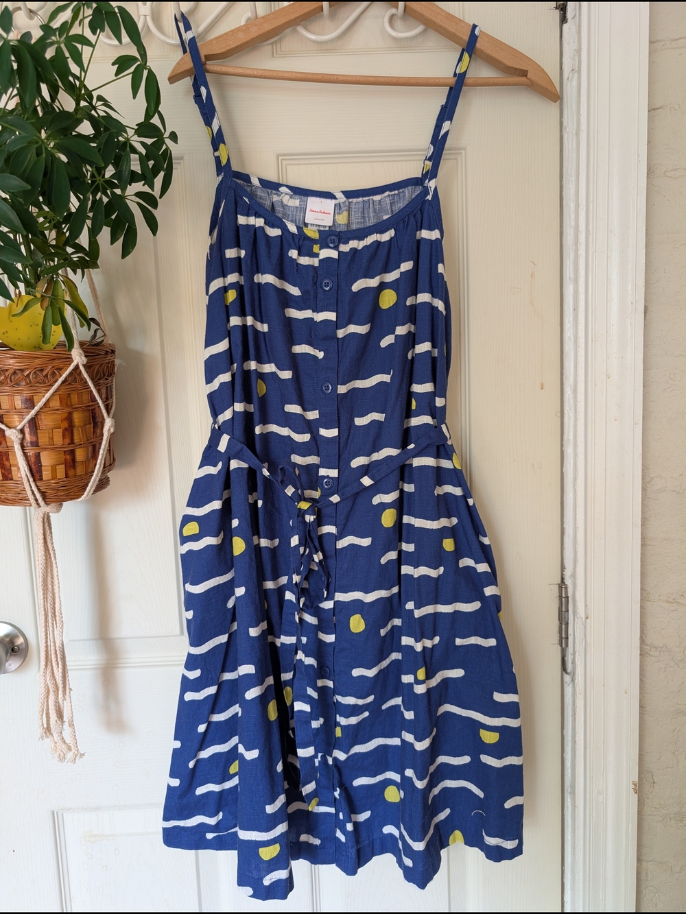 Hanna Andersson Blue Sundress with White Wave Stripes & Yellow Dot Accents L
